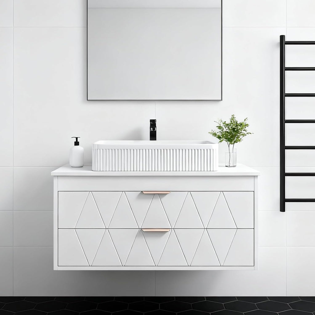 32' Floating Bathroom Vanity with Single Sink, Modern Stripe Wall Mounted Bathroom Vanities with Above Ceramic Basin, Wood Bathroom Vanity Storage Cabinet with 2 Drawers, White