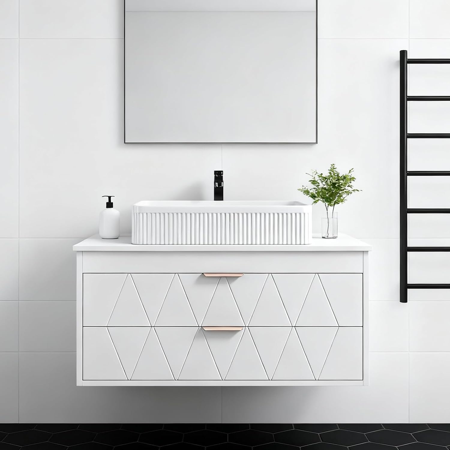 32' Floating Bathroom Vanity with Single Sink, Modern Stripe Wall Mounted Bathroom Vanities with Above Ceramic Basin, Wood Bathroom Vanity Storage Cabinet with 2 Drawers, White