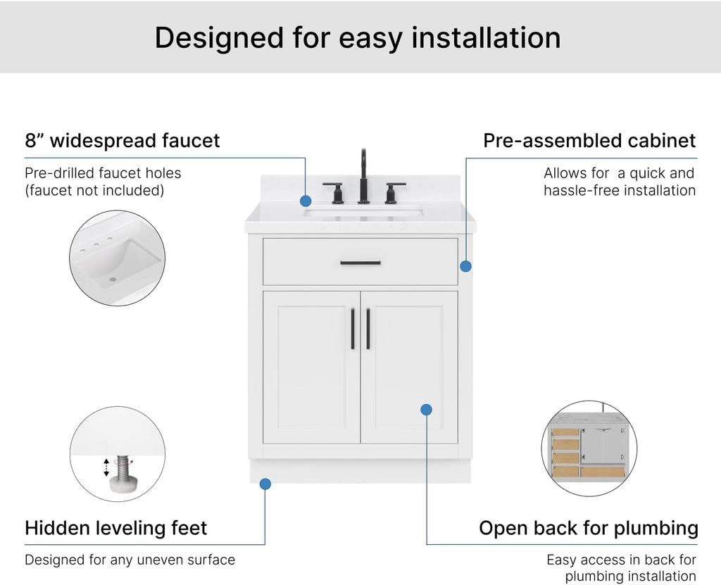 ARIEL Hepburn 30-inch Bathroom Vanity with Sink,Solid Wood, 1.5-inch Carrara White Quartz Countertop & Backsplash, Single Rectangular Porcelain Sink, 2 Soft Closing Doors, 1 Dovetail Drawers, White