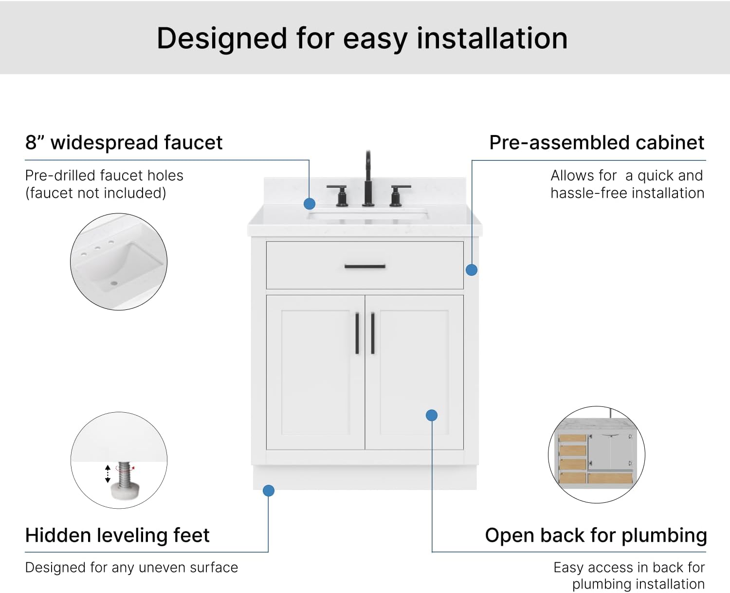 ARIEL Hepburn 30-inch Bathroom Vanity with Sink,Solid Wood, 1.5-inch Carrara White Quartz Countertop & Backsplash, Single Rectangular Porcelain Sink, 2 Soft Closing Doors, 1 Dovetail Drawers, White