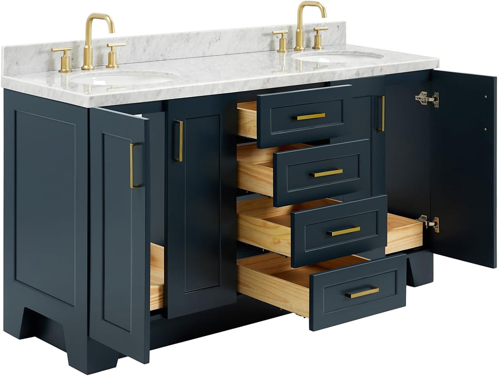 ARIEL Taylor 66-inch Bathroom Vanity with Sink,Solid Wood, 1.5-inch Italian Carrara Marble Countertop, Double Oval Porcelain Sink, 4 Soft Closing Doors, 5 Dovetail Drawers, Midnight Blue