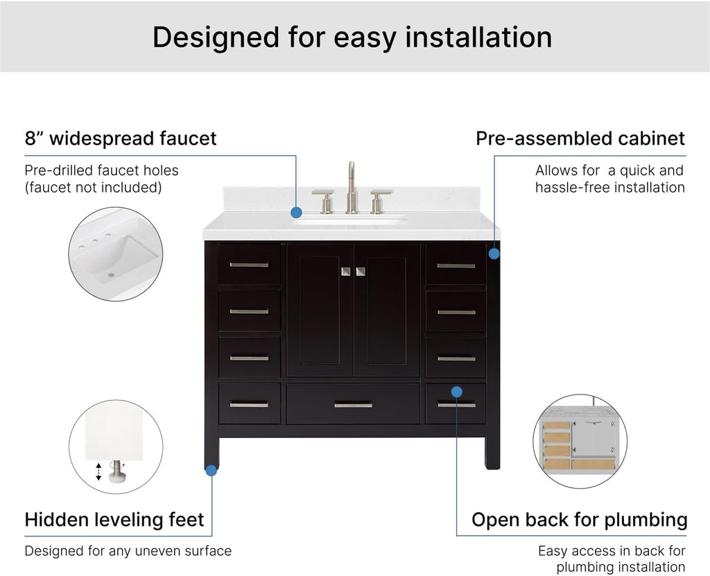 ARIEL Cambridge 42-inch Bathroom Vanity with Sink,Solid Wood, 1.5-inch Carrara White Quartz Countertop, Single Rectangular Porcelain Sink, 2 Soft Closing Doors, 9 Dovetail Drawers, Espresso