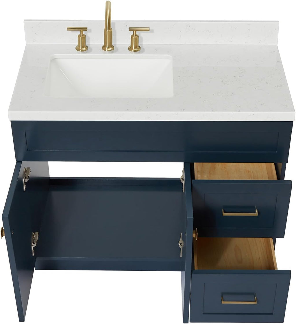 ARIEL Hamlet 42 in. Left Offset Rectangle Sink Bathroom Vanity with Carrara White Quartz Countertop 1.5 Edge in Midnight Blue