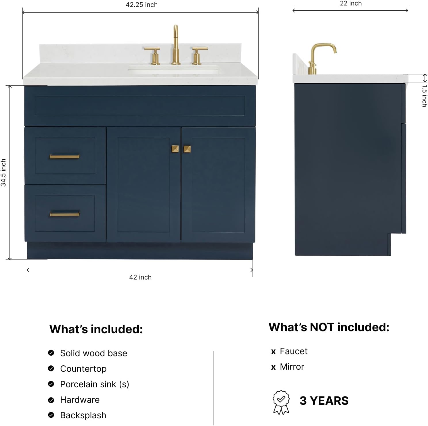 DKB Bradford 42-Inch Midnight Blue Single Bathroom Vanity with Right Rectangular Sink, 1.5' Carrara Quartz Countertop, Solid Wood Frame, Soft Closing Doors & Drawers, Toe Kick, Brushed Nickel