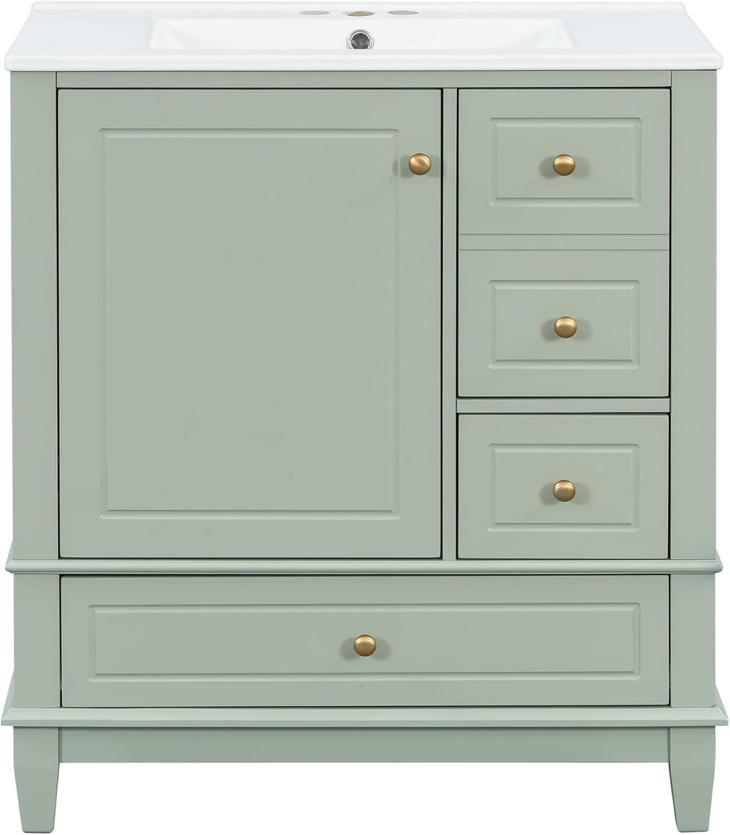 Christopher Knight Home 30' Bathroom Vanity with Top, Ceramic Sink, 3 Drawers and 1 Soft Closing Door with Shelf, Solid Wood Legs, Green