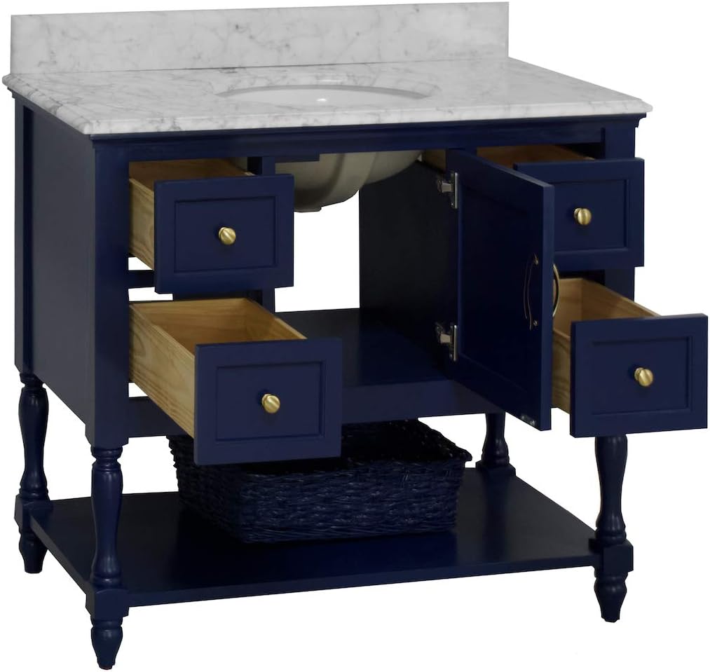 Beverly 42-inch Bathroom Vanity (Carrara/Royal Blue): Includes Royal Blue Cabinet with Authentic Italian Carrara Marble Countertop and White Ceramic Sink