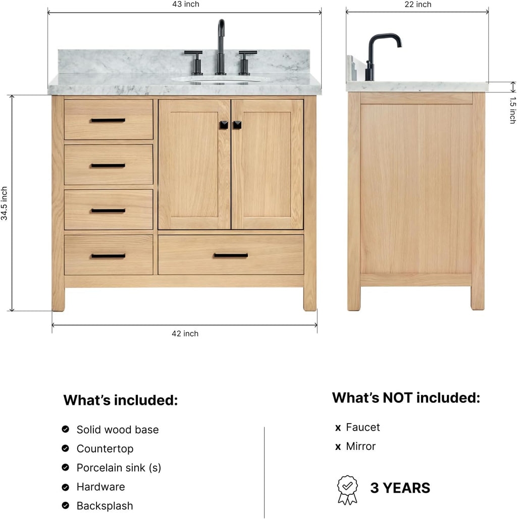 DKB Beckford 42-Inch Oak Single Bathroom Vanity with Sink, Italian Carrara Marble Countertop 1.5' Edge & Backsplash, Soft Closing Door & Drawer, Matte Black Hardware