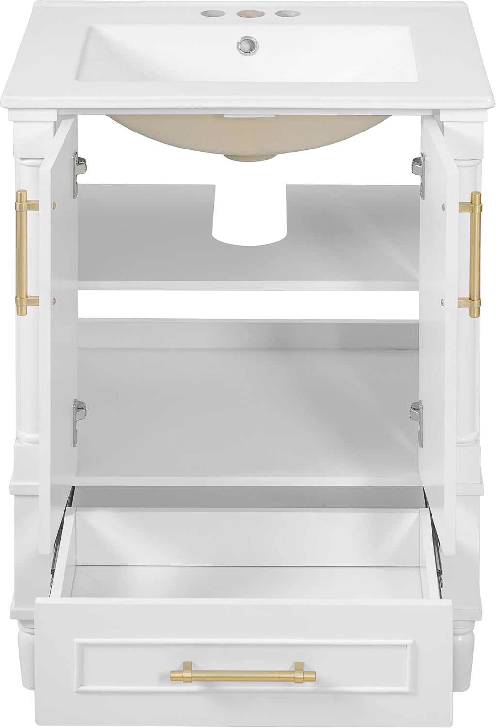 VilroCaz 24' Modern Bathroom Vanity with Ceramic Sink, Ornate Motif Design Doors & Soft-Close Hinges, Wood Bathroom Cabinet with Drawer, Ornately Carved French Cylinder Legs (White-4.23)