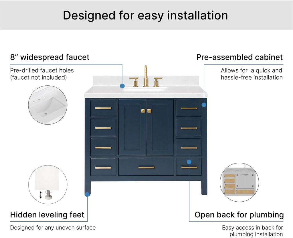 ARIEL Cambridge 42-inch Bathroom Vanity with Sink,Solid Wood, 1.5-inch Carrara White Quartz Countertop, Single Rectangular Porcelain Sink, 2 Soft Closing Doors, 9 Dovetail Drawers, Midnight Blue