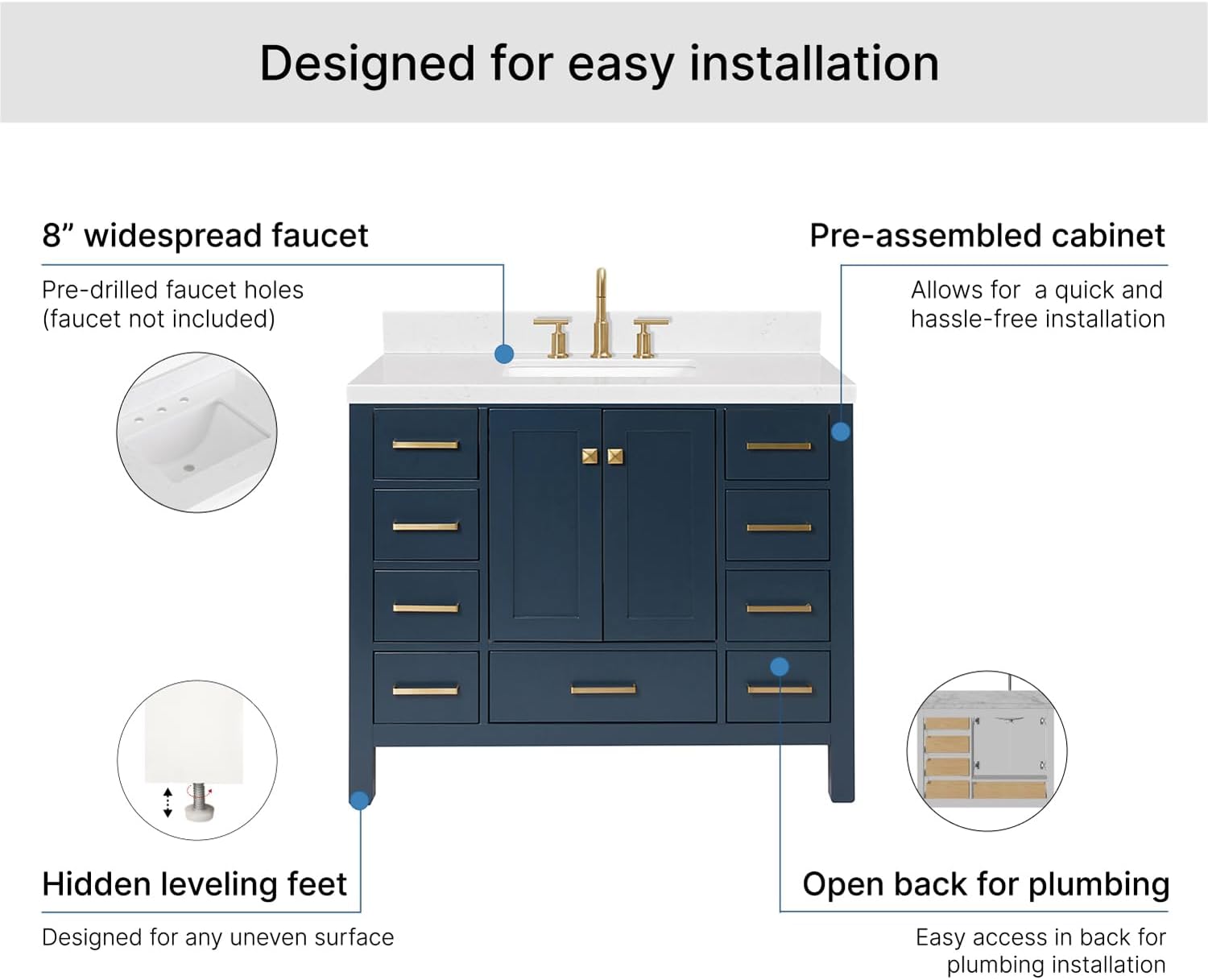 ARIEL Cambridge 42-inch Bathroom Vanity with Sink,Solid Wood, 1.5-inch Carrara White Quartz Countertop, Single Rectangular Porcelain Sink, 2 Soft Closing Doors, 9 Dovetail Drawers, Midnight Blue