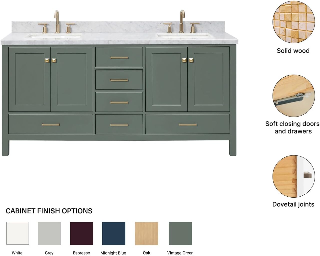 DKB Beckford 72-inch Vintage Green Bathroom Vanity with Left & Right Rectangle Double Sinks, Italian Carrara Marble Countertop & Backsplash, Solid Wood Frame, Soft-Closing & Dovetail Drawers