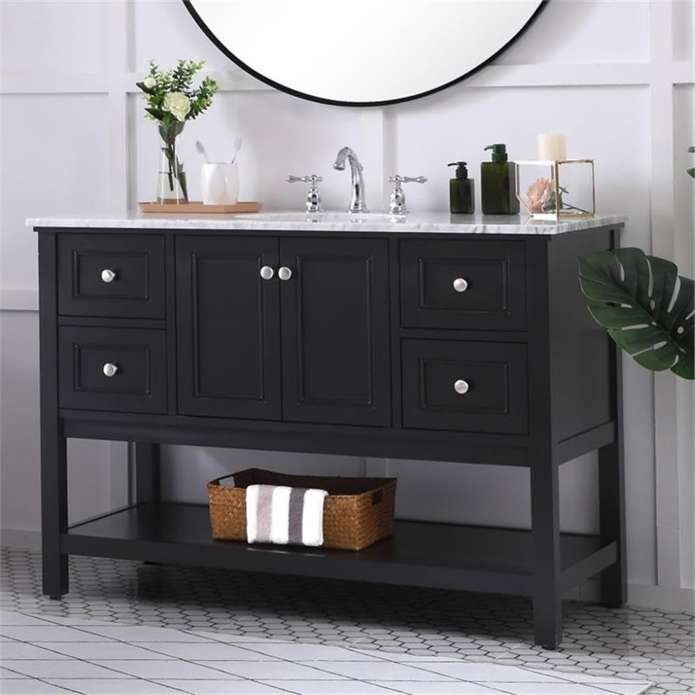Pemberly Row Contemporary 48' Freestanding Bathroom Vanity, Solid Poplar Wood, Black Finish, Italian White Marble Top with Undermount Porcelain Sink, Soft-Close Drawers, Spacious Storage for Bathroom