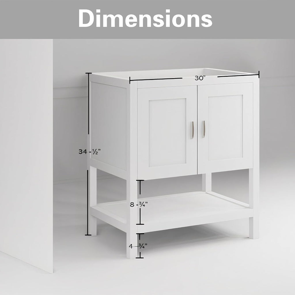 30' Bathroom Vanity with Sink – Freestanding Solid Wood Cabinet with Open Shelf, Soft-Close Doors, Matte White Resin Integrated Top (31' Top Included, White)