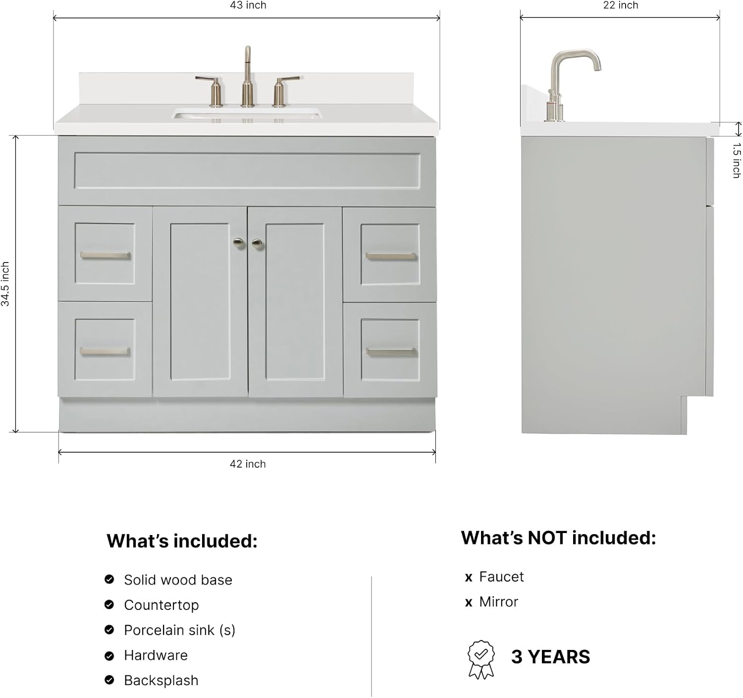 ARIEL Hamlet 42-inch Bathroom Vanity with Sink,Solid Wood, 1.5-inch Pure White Quartz Countertop & Backsplash, Single Rectangular Porcelain Sink, 2 Soft Closing Doors, 4 Dovetail Drawers, Grey