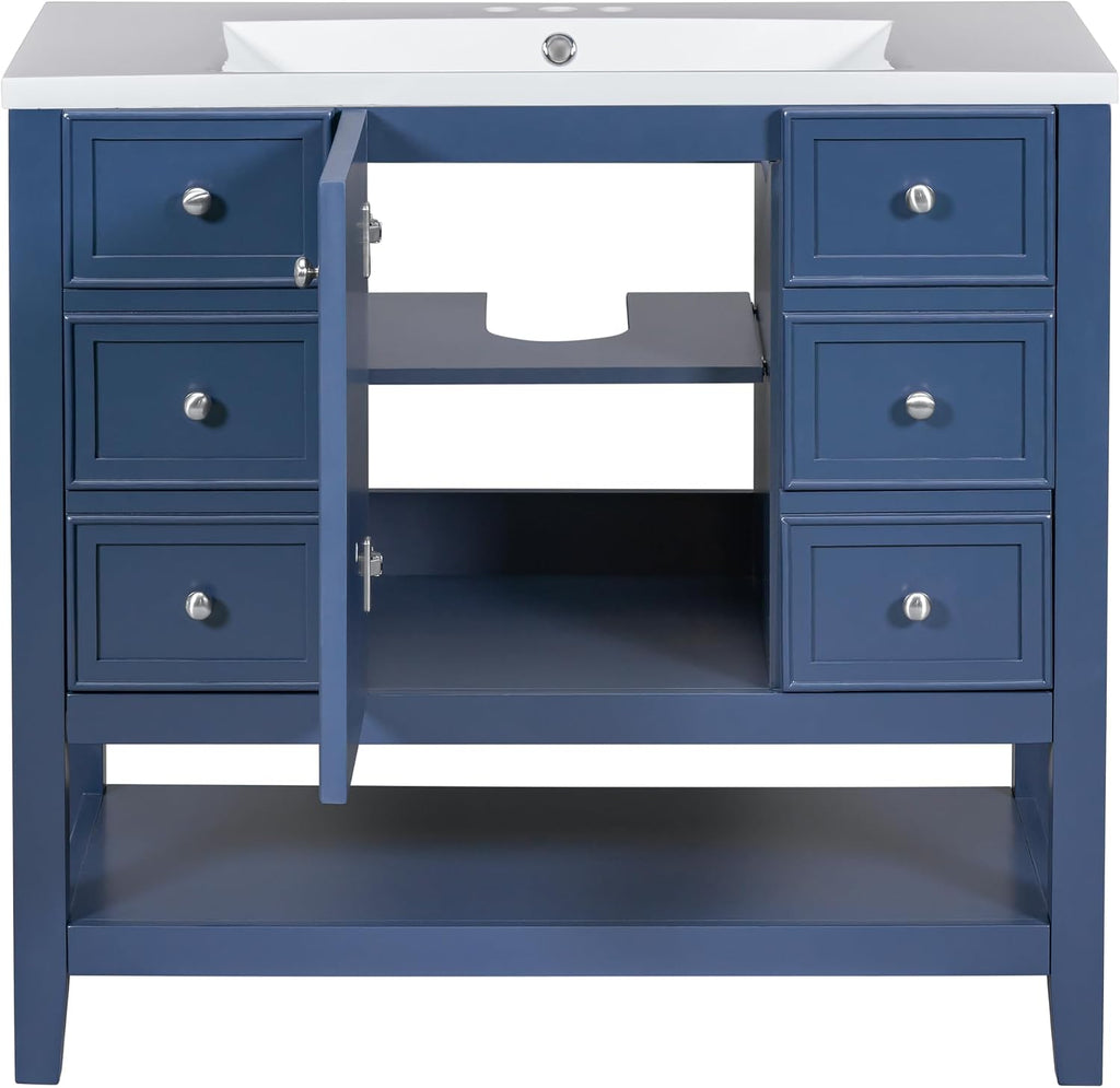 LUMISOL 36' Bathroom Vanity with Sink Combo, Bathroom Vanity Storage Cabinet with 3 Drawers & Open Shelf, Solid Wood Frame Bathroom Cabinet with Ceramic Sink, Navy Blue