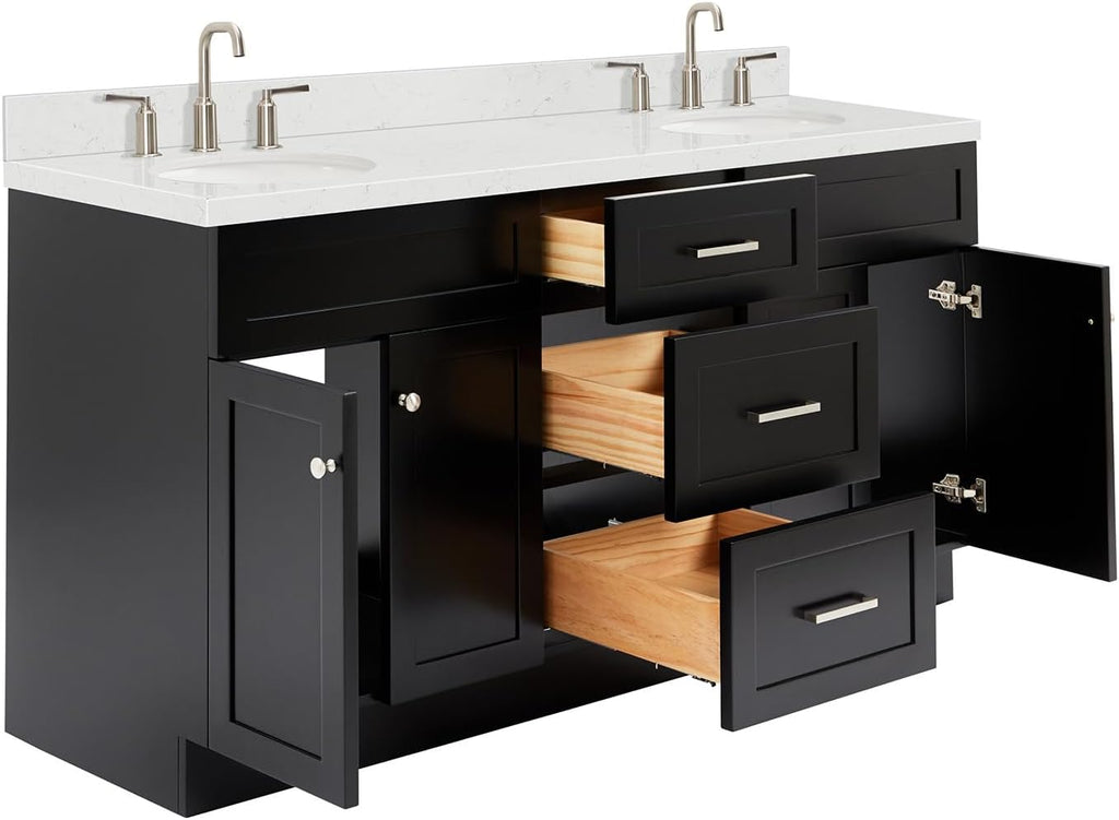 ARIEL Hamlet 66-inch Bathroom Vanity with Sink,Solid Wood, 1.5-inch Carrara White Quartz Countertop & Backsplash, Double Oval Porcelain Sink, 4 Soft Closing Doors, 3 Dovetail Drawers, Black