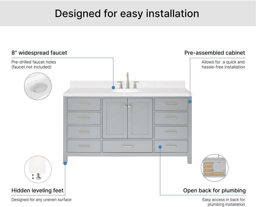 ARIEL Cambridge 66-inch Bathroom Vanity with Sink,Solid Wood, 1.5-inch Carrara White Quartz Countertop & Backsplash, Single Oval Porcelain Sink, 2 Soft Closing Doors, 9 Dovetail Drawers, Grey