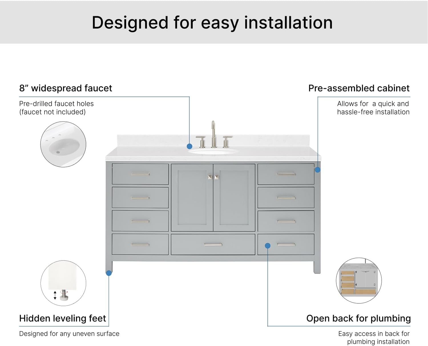 ARIEL Cambridge 66-inch Bathroom Vanity with Sink,Solid Wood, 1.5-inch Carrara White Quartz Countertop & Backsplash, Single Oval Porcelain Sink, 2 Soft Closing Doors, 9 Dovetail Drawers, Grey