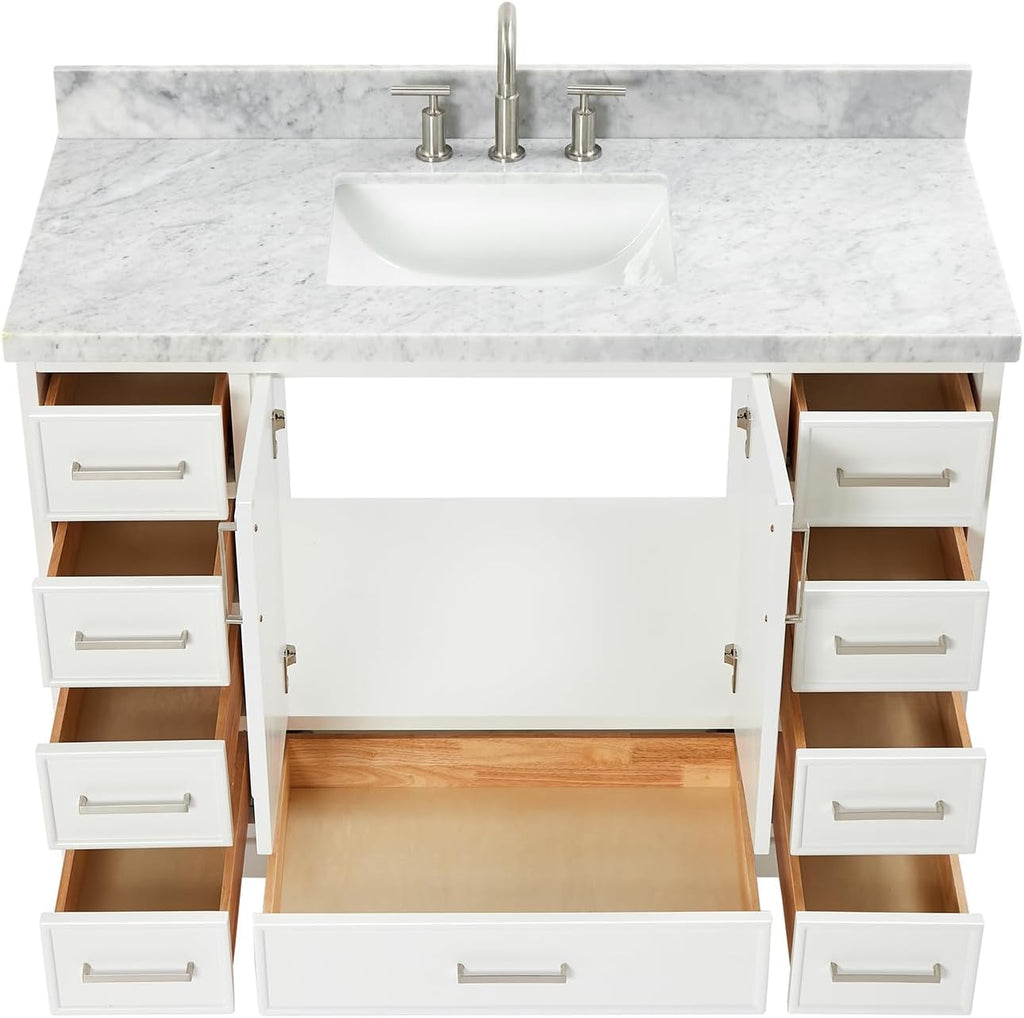 ARIEL Stafford 48-inch Bathroom Vanity with Sink,Solid Wood, 1.5-inch Italian Carrara Marble Countertop, Single Rectangular Porcelain Sink, 2 Soft Closing Doors, 9 Dovetail Drawers, White