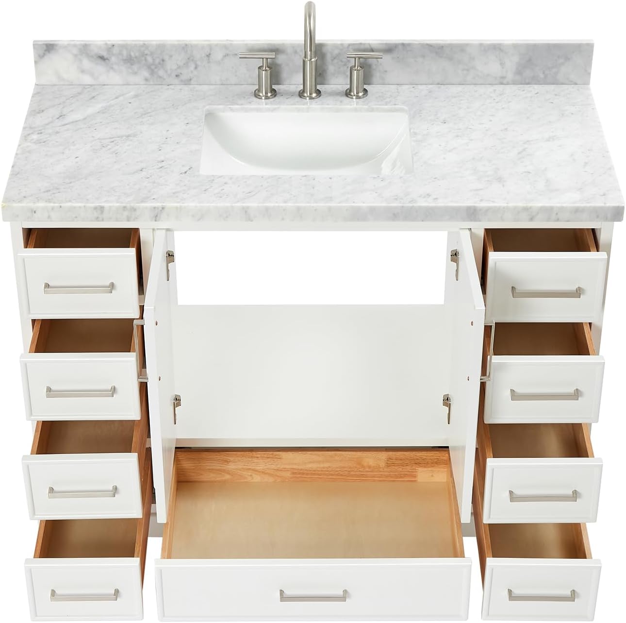 ARIEL Stafford 48-inch Bathroom Vanity with Sink,Solid Wood, 1.5-inch Italian Carrara Marble Countertop, Single Rectangular Porcelain Sink, 2 Soft Closing Doors, 9 Dovetail Drawers, White