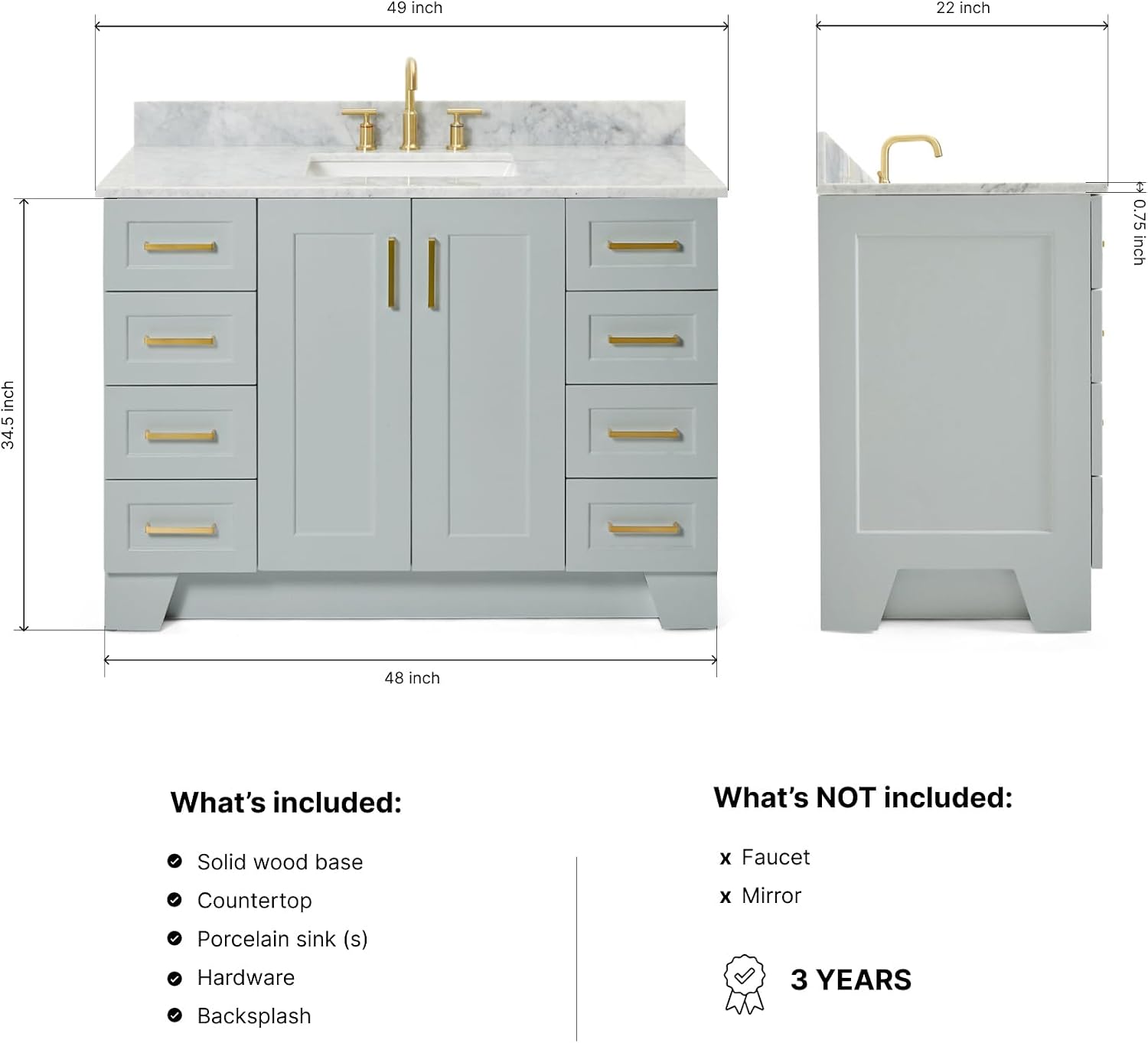 ARIEL Taylor 48-inch Bathroom Vanity with Sink,Solid Wood, 0.75-inch Italian Carrara Marble Countertop, Single Rectangular Porcelain Sink, Soft Closing Doors, Dovetail Drawers, Grey