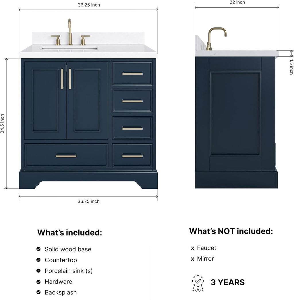 ARIEL Stafford 36-inch Bathroom Vanity with Sink,Solid Wood, 1.5-inch Carrara White Quartz Countertop, Single Rectangular Porcelain Sink, 2 Soft Closing Doors, 5 Dovetail Drawers, Midnight Blue