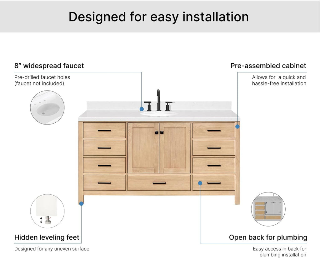 ARIEL Cambridge 66-inch Bathroom Vanity with Sink,Solid Wood, 1.5-inch Carrara White Quartz Countertop & Backsplash, Single Oval Porcelain Sink, 2 Soft Closing Doors, 9 Dovetail Drawers, White Oak