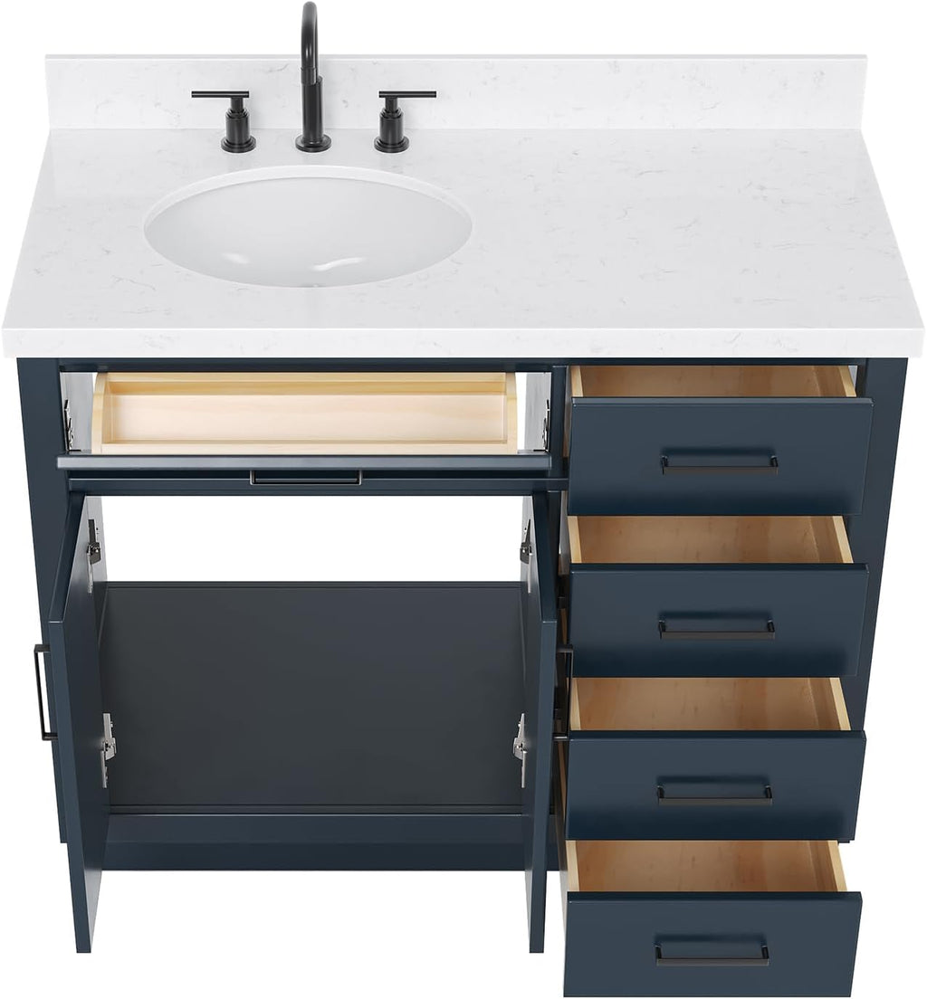 DKB Isabella 42-Inch Midnight Blue Bathroom Vanity with Sink, 1.5' Carrara Quartz Countertop, Solid Wood Frame, Left Oval Undermount Sink, 2 Soft Closing Doors, 5 Dovetail Drawers, Toe Kick