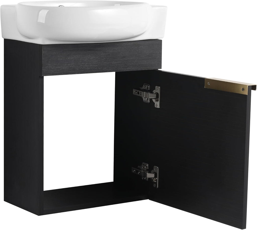 Malwee 16 Inch Floating Bathroom Vanity with Sink, 16'' Wall Mounted Single Sink Bathroom Vanity Combo, Modern Black Cabinet Set with 1 Soft Close Door and Ceramics Basin Top,MAF02916-BCT