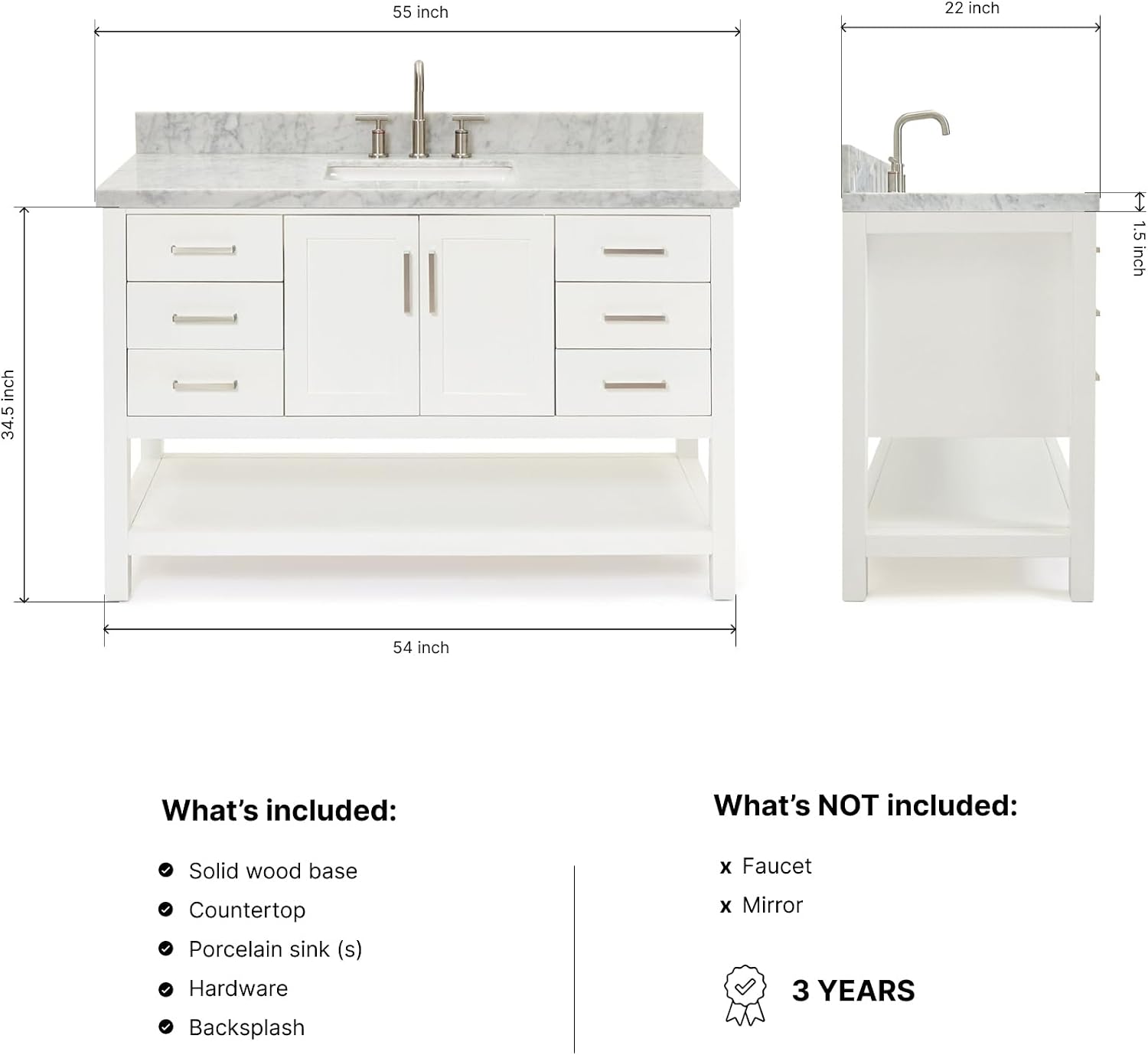 ARIEL Magnolia 54-inch Bathroom Vanity with Sink,Solid Wood, 1.5-inch Italian Carrara Marble Countertop, Single Rectangular Porcelain Sink, Soft Closing Doors, Dovetail Drawers, White