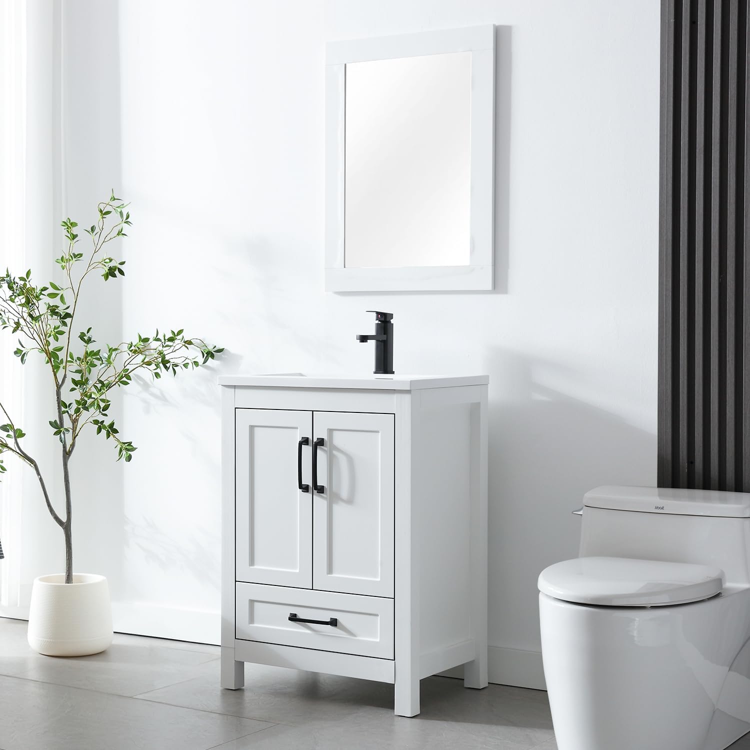 LUCKWIND 24' Bathroom Vanity and Sink Combos, Modern Bathroom Storage Painted Cabinet with Undercounter Ceramic Single Sink Top, Matte Black Faucet and Drawer, Mirror Not Included, White