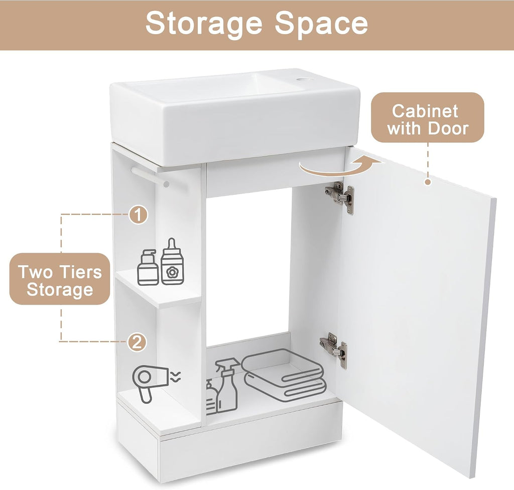 18.6' Bathroom Vanity Cabinet with Ceramic Sink Top Set, Left or Right Available, Freestanding, Two-Tier Storage Shelf, White