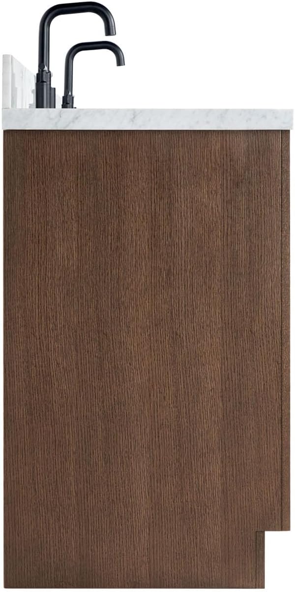 ARIEL Hepburn 66-inch Bathroom Vanity with Sink,Solid Wood, 1.5-inch Italian Carrara Marble Countertop, Double Rectangular Porcelain Sink, 4 Soft Closing Doors, 6 Dovetail Drawers, Brown Oak
