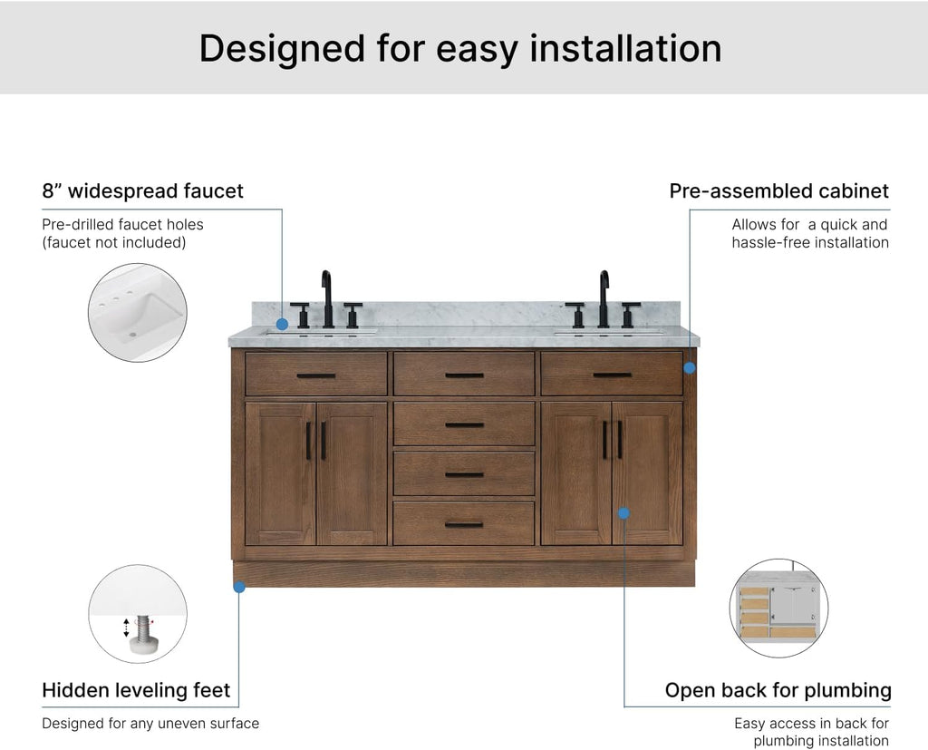 ARIEL Hepburn 66-inch Bathroom Vanity with Sink,Solid Wood, 1.5-inch Italian Carrara Marble Countertop, Double Rectangular Porcelain Sink, 4 Soft Closing Doors, 6 Dovetail Drawers, Brown Oak