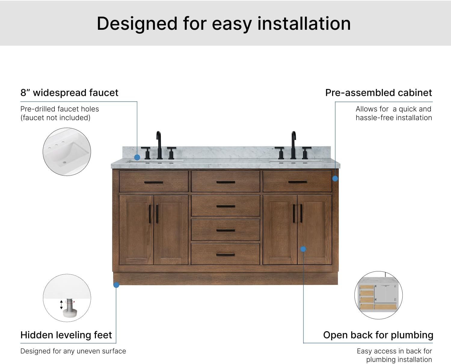 ARIEL Hepburn 66-inch Bathroom Vanity with Sink,Solid Wood, 1.5-inch Italian Carrara Marble Countertop, Double Rectangular Porcelain Sink, 4 Soft Closing Doors, 6 Dovetail Drawers, Brown Oak