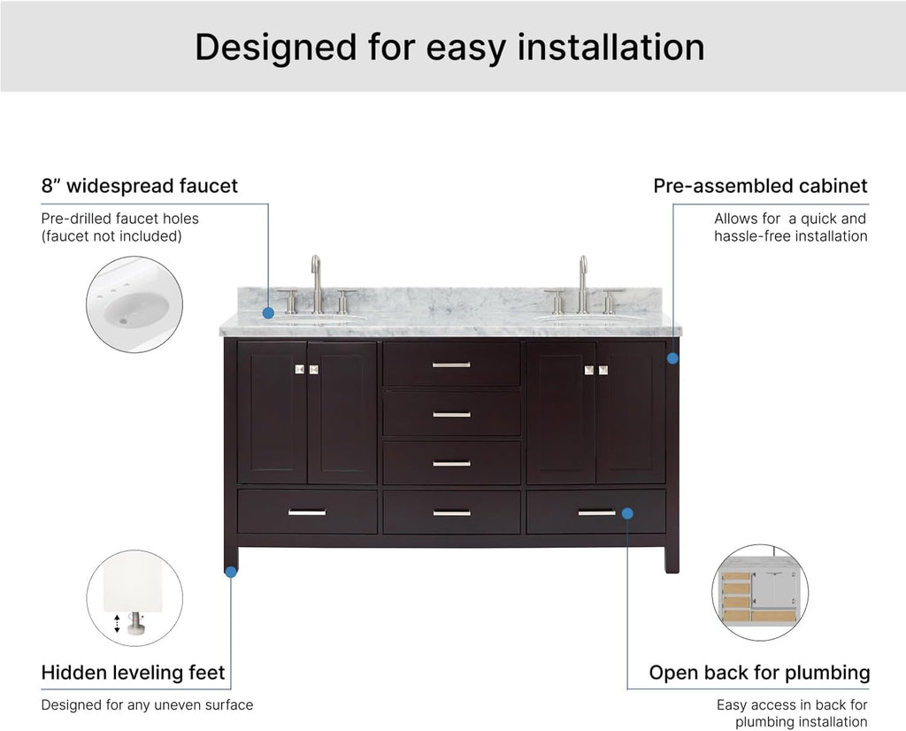 ARIEL Cambridge 66-inch Bathroom Vanity with Sink,Solid Wood, 1.5-inch Italian Carrara Marble Countertop & Backsplash, Double Oval Porcelain Sink, 4 Soft Closing Doors, 6 Dovetail Drawers, Espresso