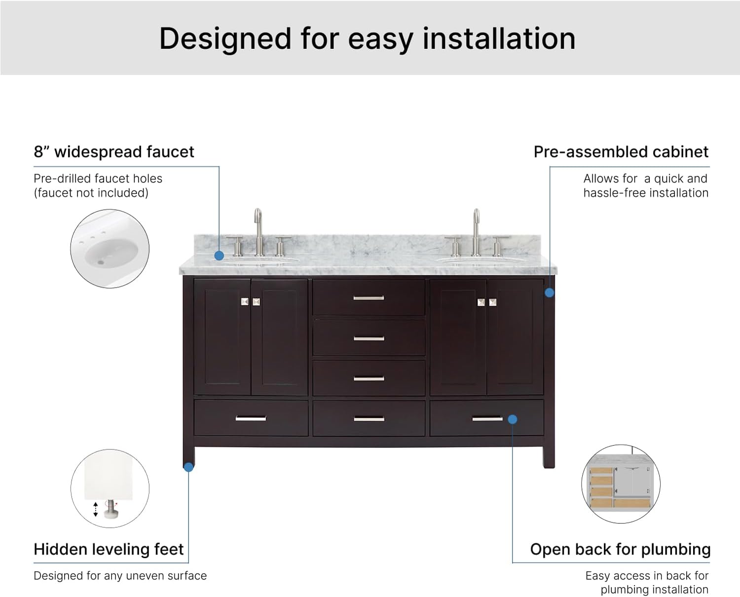 ARIEL Cambridge 66-inch Bathroom Vanity with Sink,Solid Wood, 1.5-inch Italian Carrara Marble Countertop & Backsplash, Double Oval Porcelain Sink, 4 Soft Closing Doors, 6 Dovetail Drawers, Espresso
