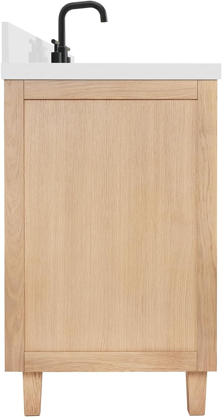 ARIEL Monroe 48-inch Bathroom Vanity with Sink,Solid Wood, 1.5-inch Pure White Quartz Countertop & Backsplash, Single Rectangular Porcelain Sink, 9 Dovetail Drawers, Matte Black, White Oak
