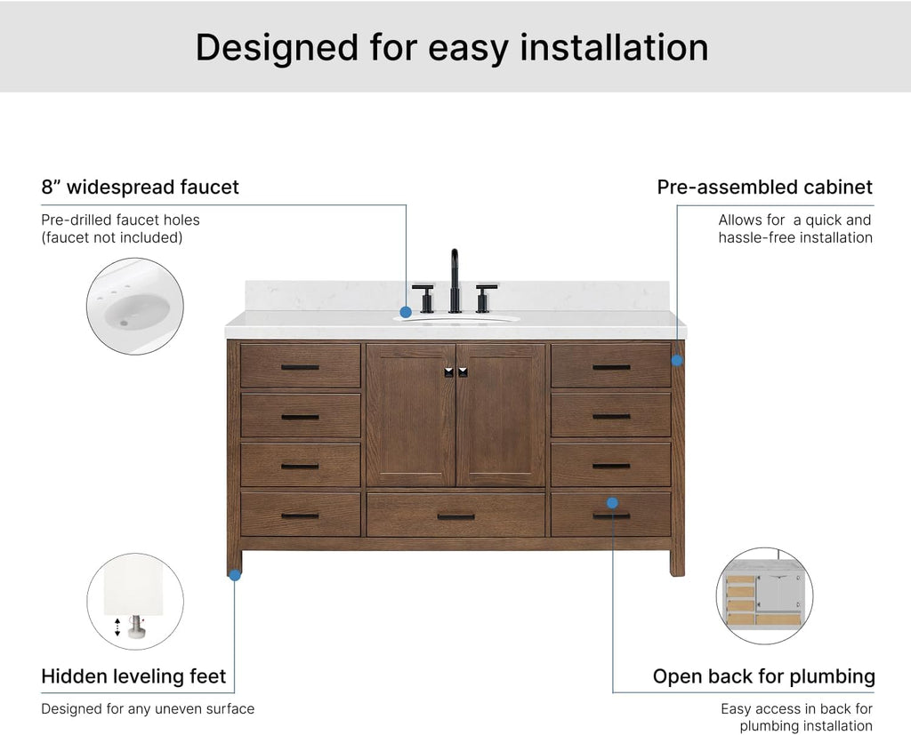 ARIEL Cambridge 66-inch Bathroom Vanity with Sink,Solid Wood, 1.5-inch Carrara White Quartz Countertop & Backsplash, Single Oval Porcelain Sink, 2 Soft Closing Doors, 9 Dovetail Drawers, Brown Oak
