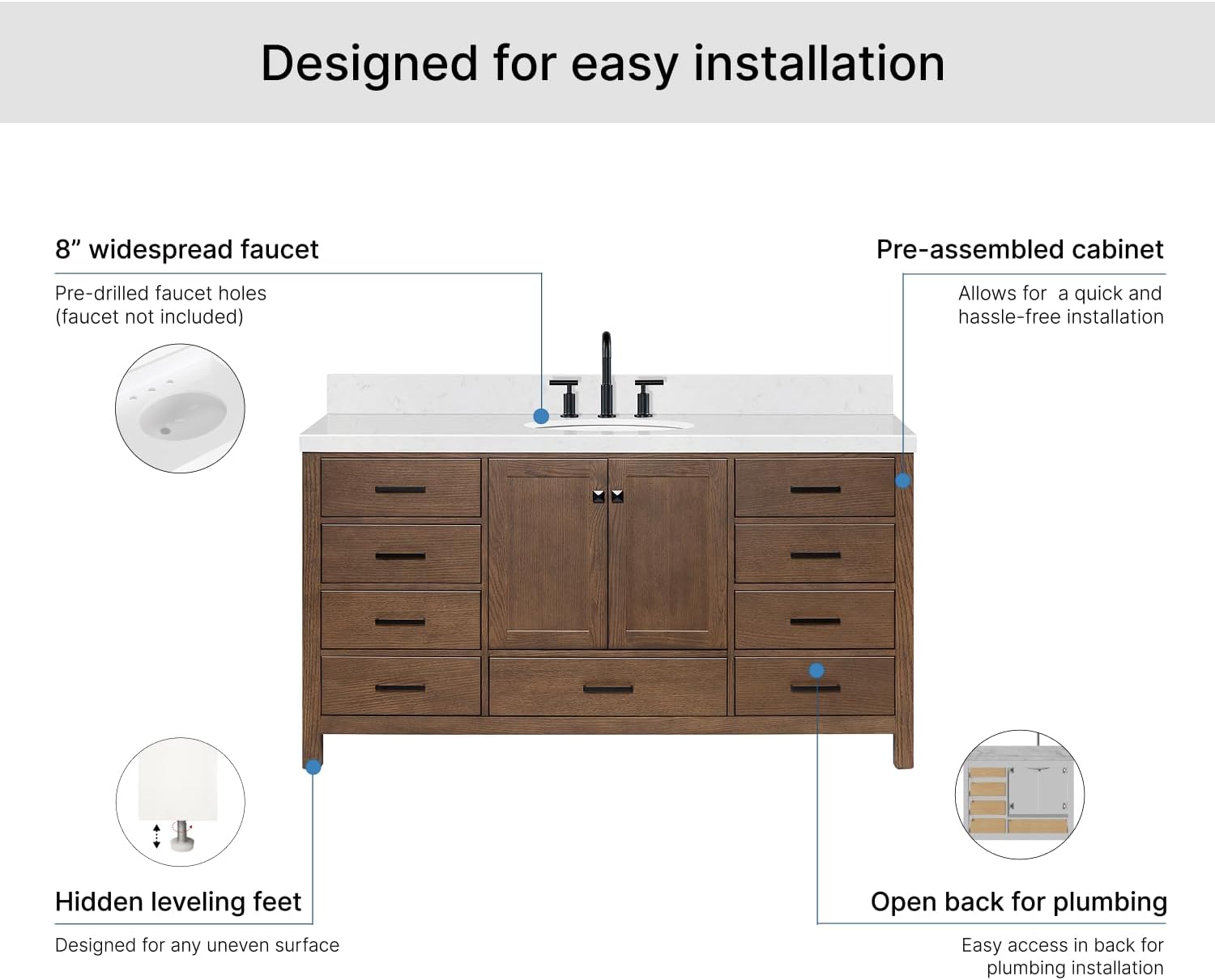 ARIEL Cambridge 66-inch Bathroom Vanity with Sink,Solid Wood, 1.5-inch Carrara White Quartz Countertop & Backsplash, Single Oval Porcelain Sink, 2 Soft Closing Doors, 9 Dovetail Drawers, Brown Oak