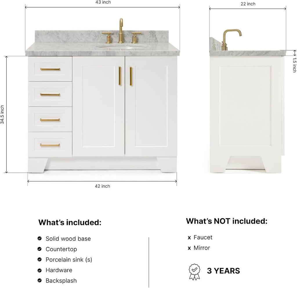 ARIEL Taylor 42-inch Bathroom Vanity with Sink,Solid Wood, 1.5-inch Italian Carrara Marble Countertop & Backsplash, Single Oval Porcelain Sink, 2 Soft Closing Doors, 5 Dovetail Drawers, White