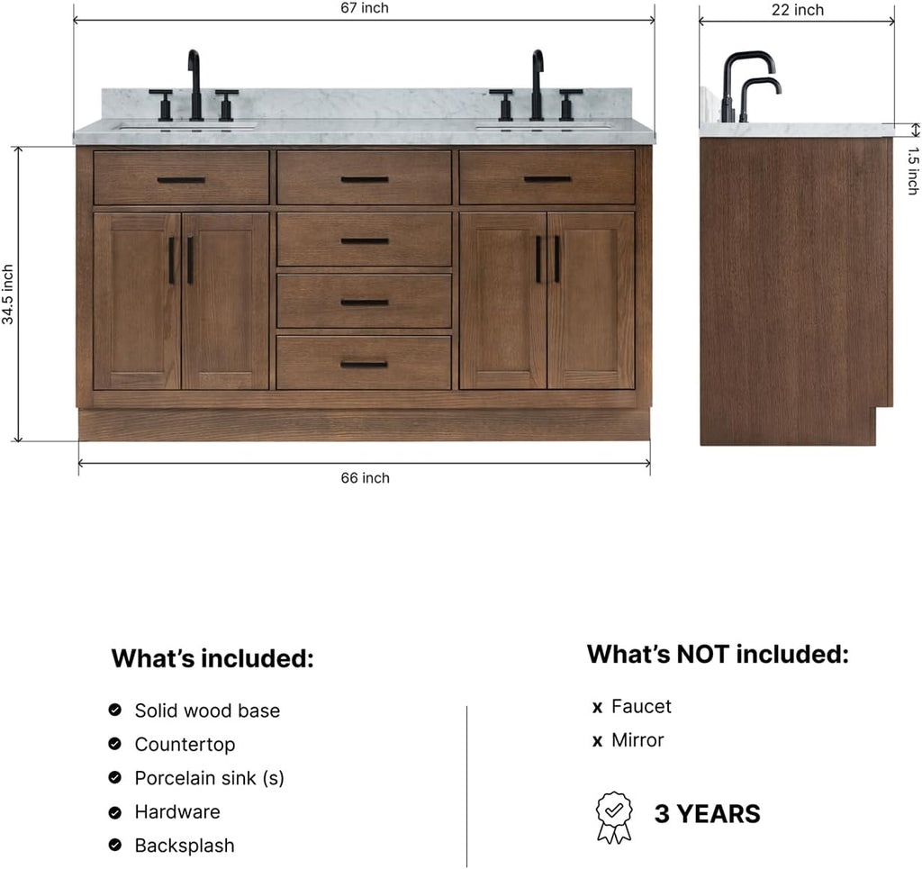 ARIEL Hepburn 66-inch Bathroom Vanity with Sink,Solid Wood, 1.5-inch Italian Carrara Marble Countertop, Double Rectangular Porcelain Sink, 4 Soft Closing Doors, 6 Dovetail Drawers, Brown Oak