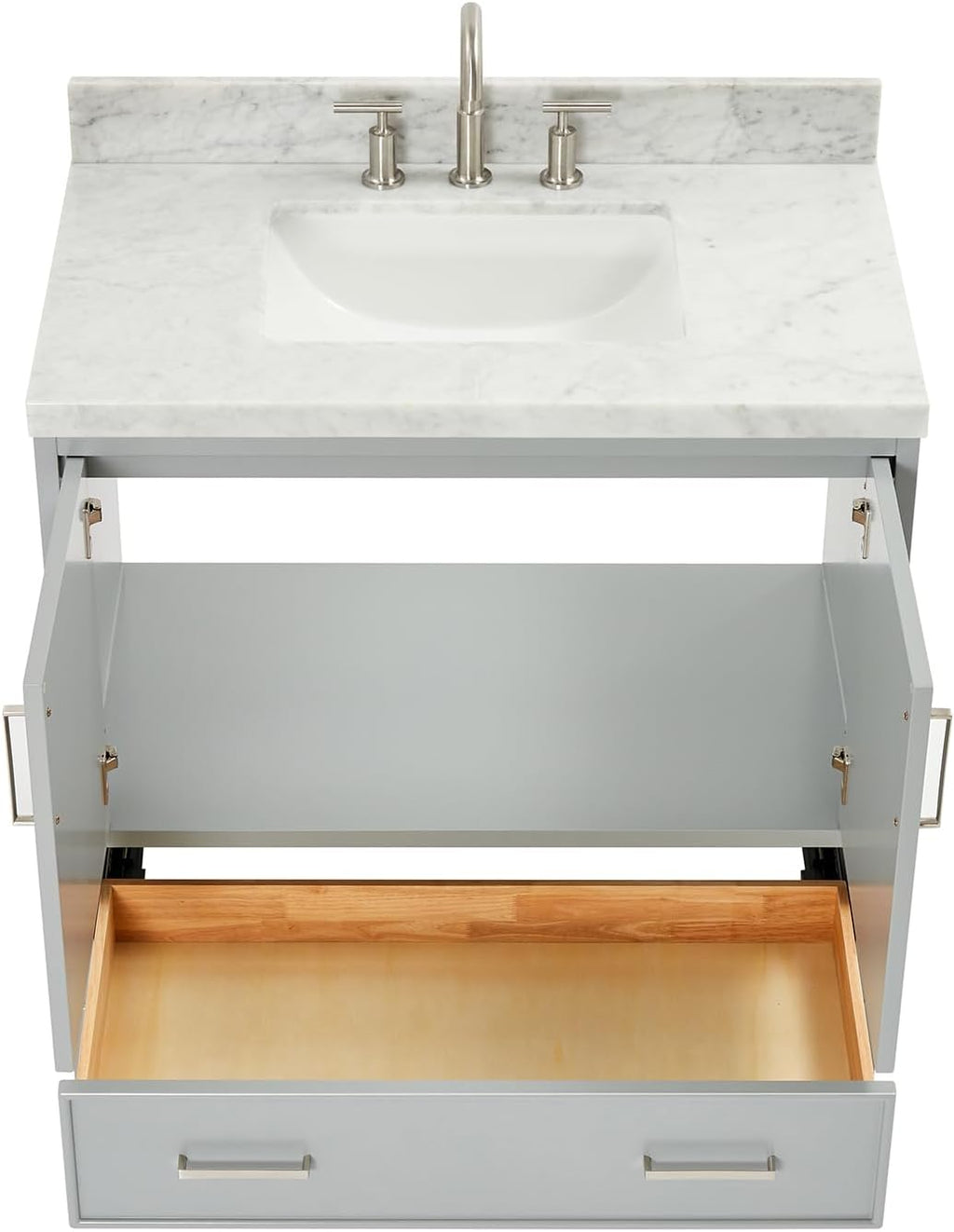 ARIEL Stafford 36-inch Bathroom Vanity with Sink,Solid Wood, 1.5-inch Italian Carrara Marble Countertop, Single Rectangular Porcelain Sink, Soft Closing Doors, Dovetail Drawers, Grey