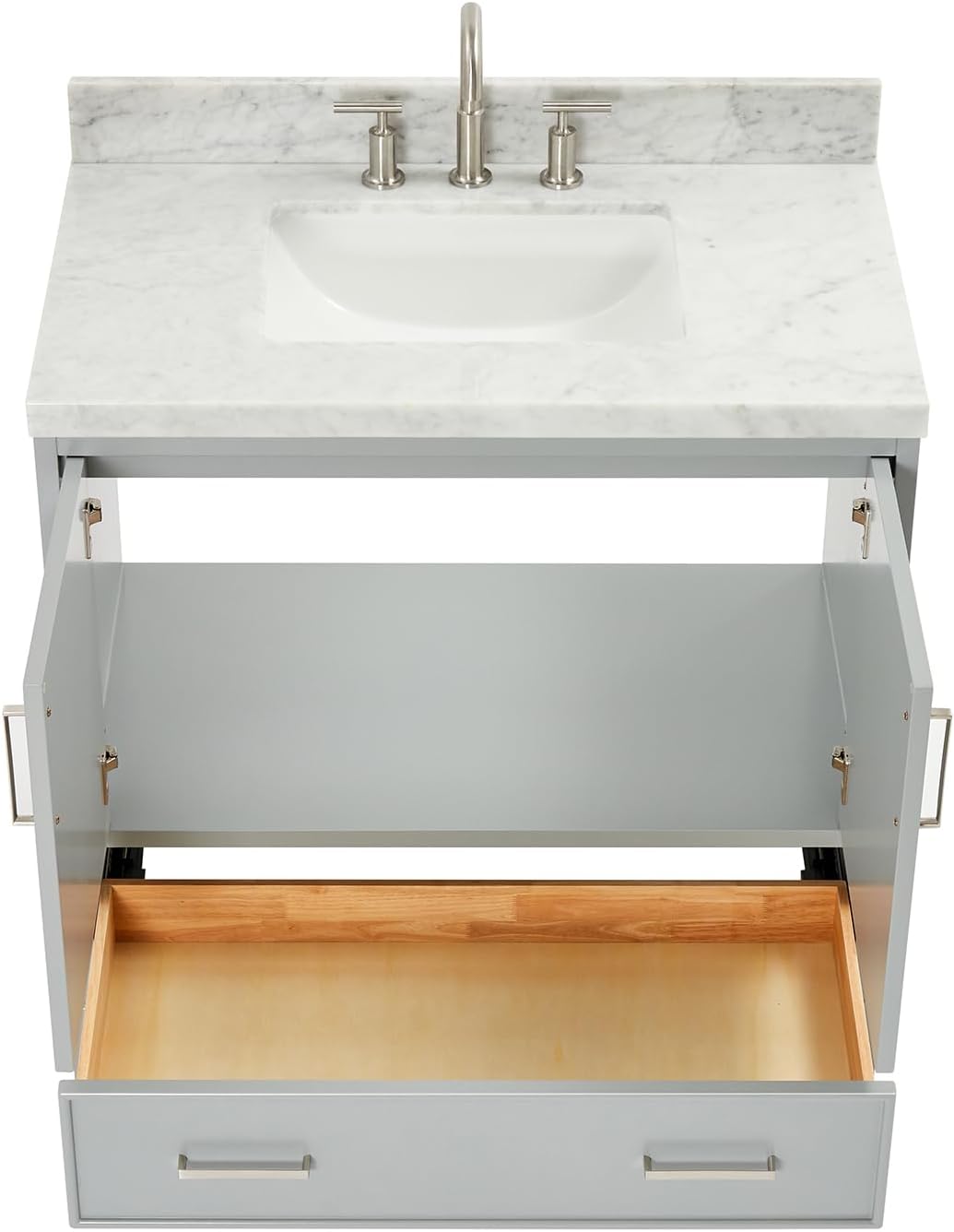 ARIEL Stafford 36-inch Bathroom Vanity with Sink,Solid Wood, 1.5-inch Italian Carrara Marble Countertop, Single Rectangular Porcelain Sink, Soft Closing Doors, Dovetail Drawers, Grey