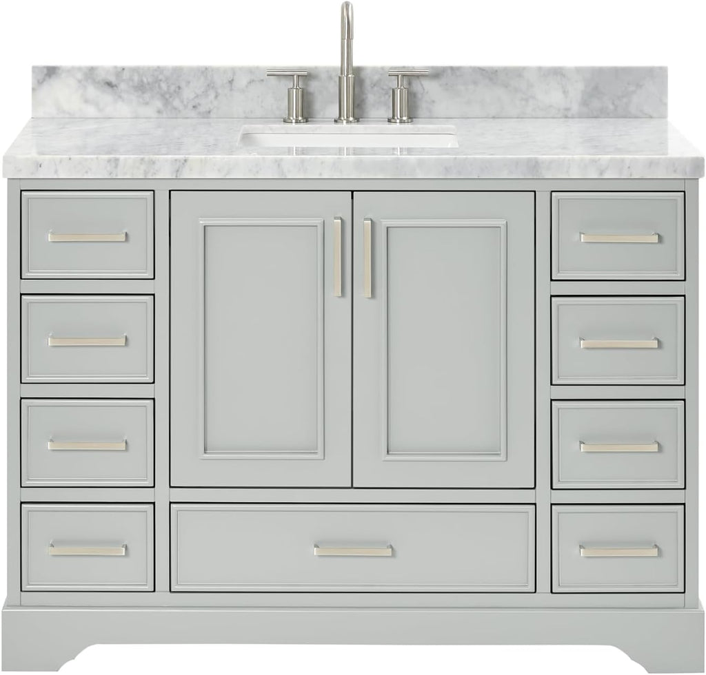 ARIEL Stafford 48-inch Bathroom Vanity with Sink,Solid Wood, 1.5-inch Italian Carrara Marble Countertop, Single Rectangular Porcelain Sink, 2 Soft Closing Doors, 9 Dovetail Drawers, Grey