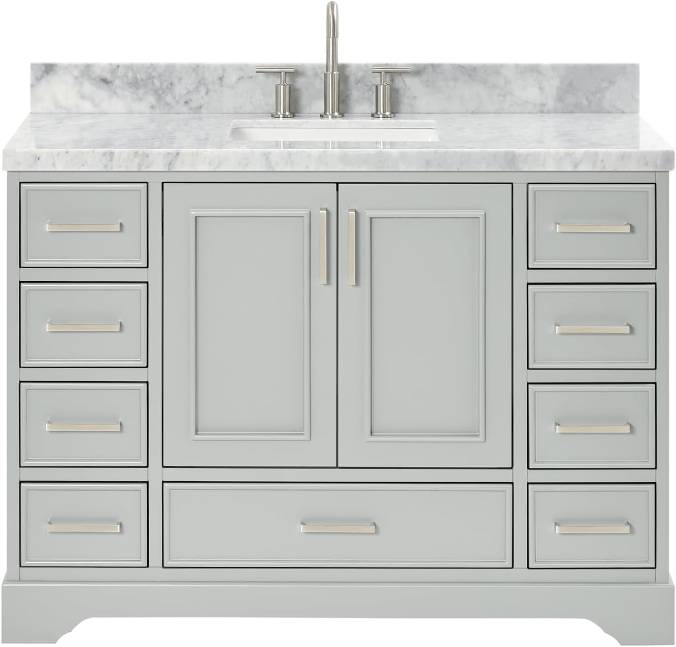 ARIEL Stafford 48-inch Bathroom Vanity with Sink,Solid Wood, 1.5-inch Italian Carrara Marble Countertop, Single Rectangular Porcelain Sink, 2 Soft Closing Doors, 9 Dovetail Drawers, Grey