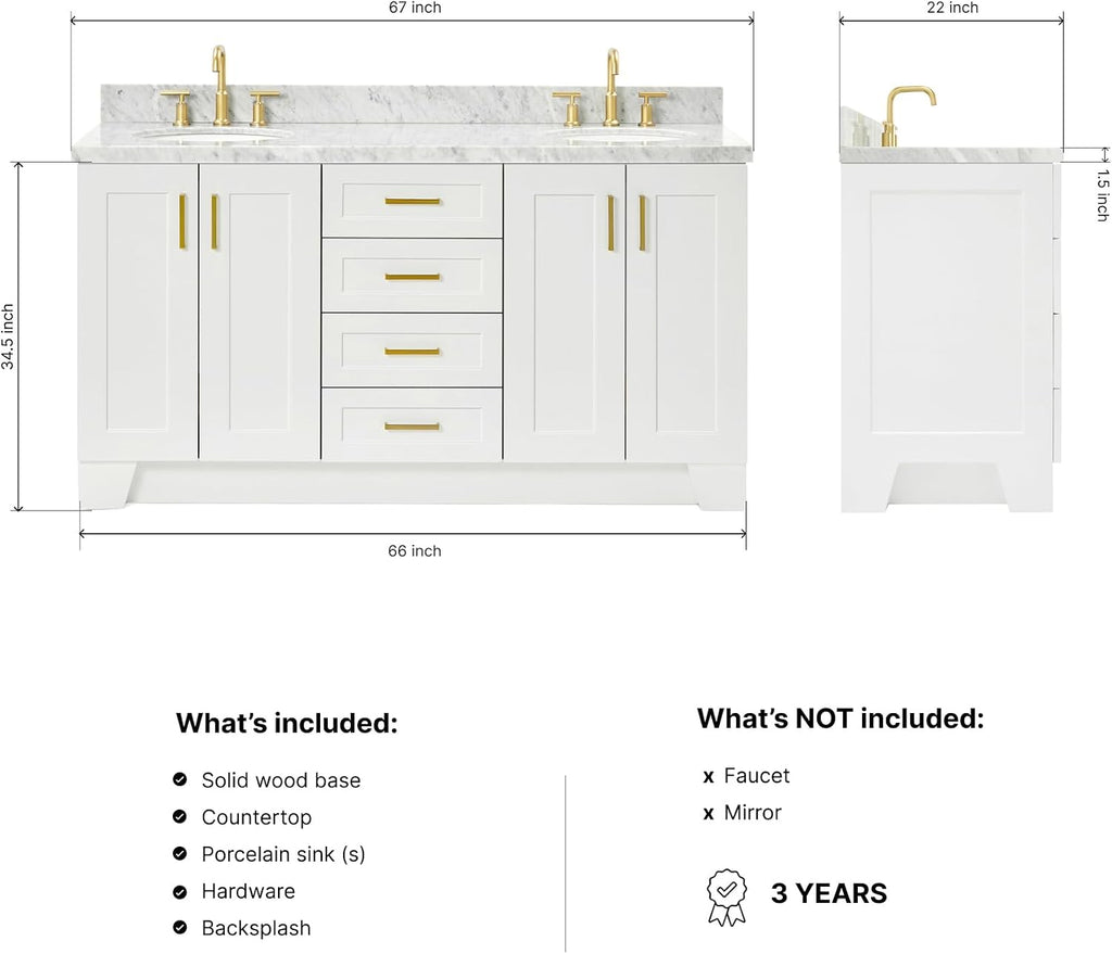 ARIEL Taylor 66-inch Bathroom Vanity with Sink,Solid Wood, 1.5-inch Italian Carrara Marble Countertop & Backsplash, Double Oval Porcelain Sink, 4 Soft Closing Doors, 5 Dovetail Drawers, White