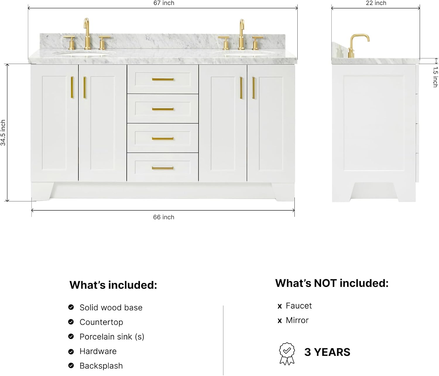 ARIEL Taylor 66-inch Bathroom Vanity with Sink,Solid Wood, 1.5-inch Italian Carrara Marble Countertop & Backsplash, Double Oval Porcelain Sink, 4 Soft Closing Doors, 5 Dovetail Drawers, White