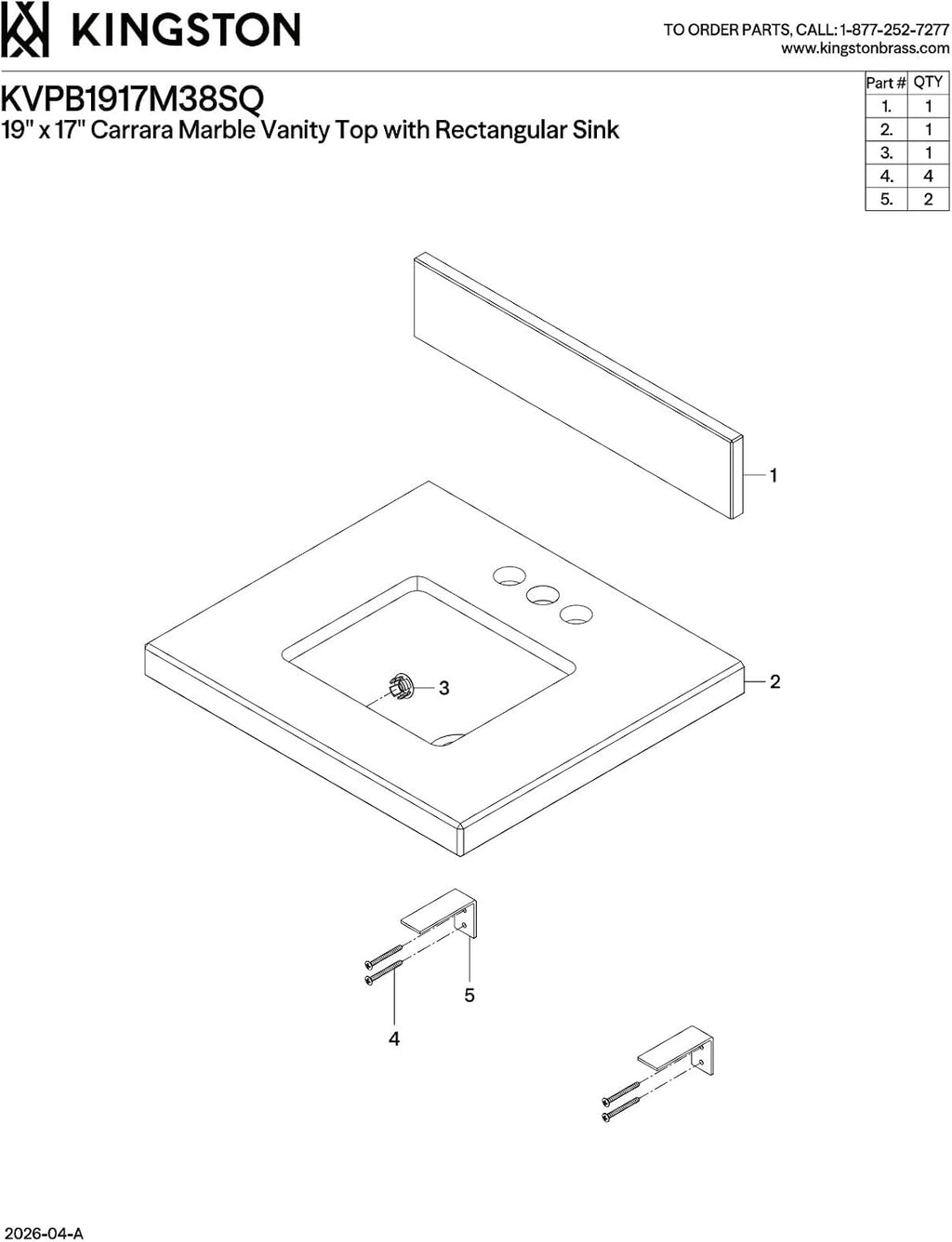Kingston Brass KVPB1917M38SQ Fredrickson 19-Inch Carrara Marble Vanity Sink Top (8' Faucet Drillings) in Carrara White