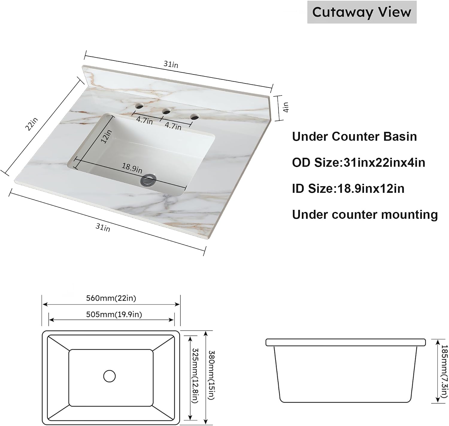 Runboll 31' Marble Vanity Top with Sink, Sintered Stone Bathroom Vanity Top with Undermount Rectangular Bowl, 4' Backsplash, Pre-Drilled 8' 3 Faucet Holes (Cabinet NOT Included)